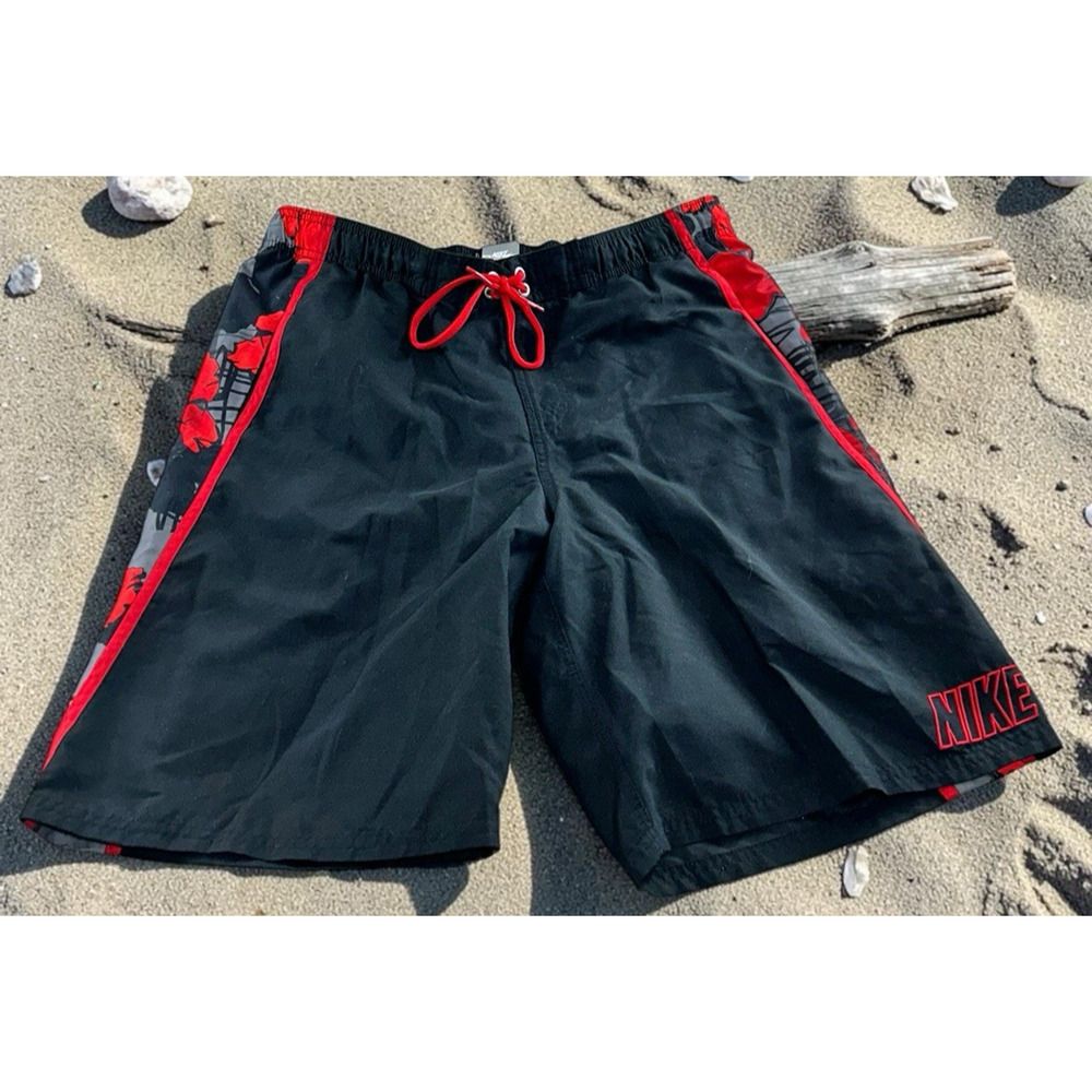 Men's Nike Swim Trunks Shorts Size M Black Red Drawstring Pockets 10" Inseam